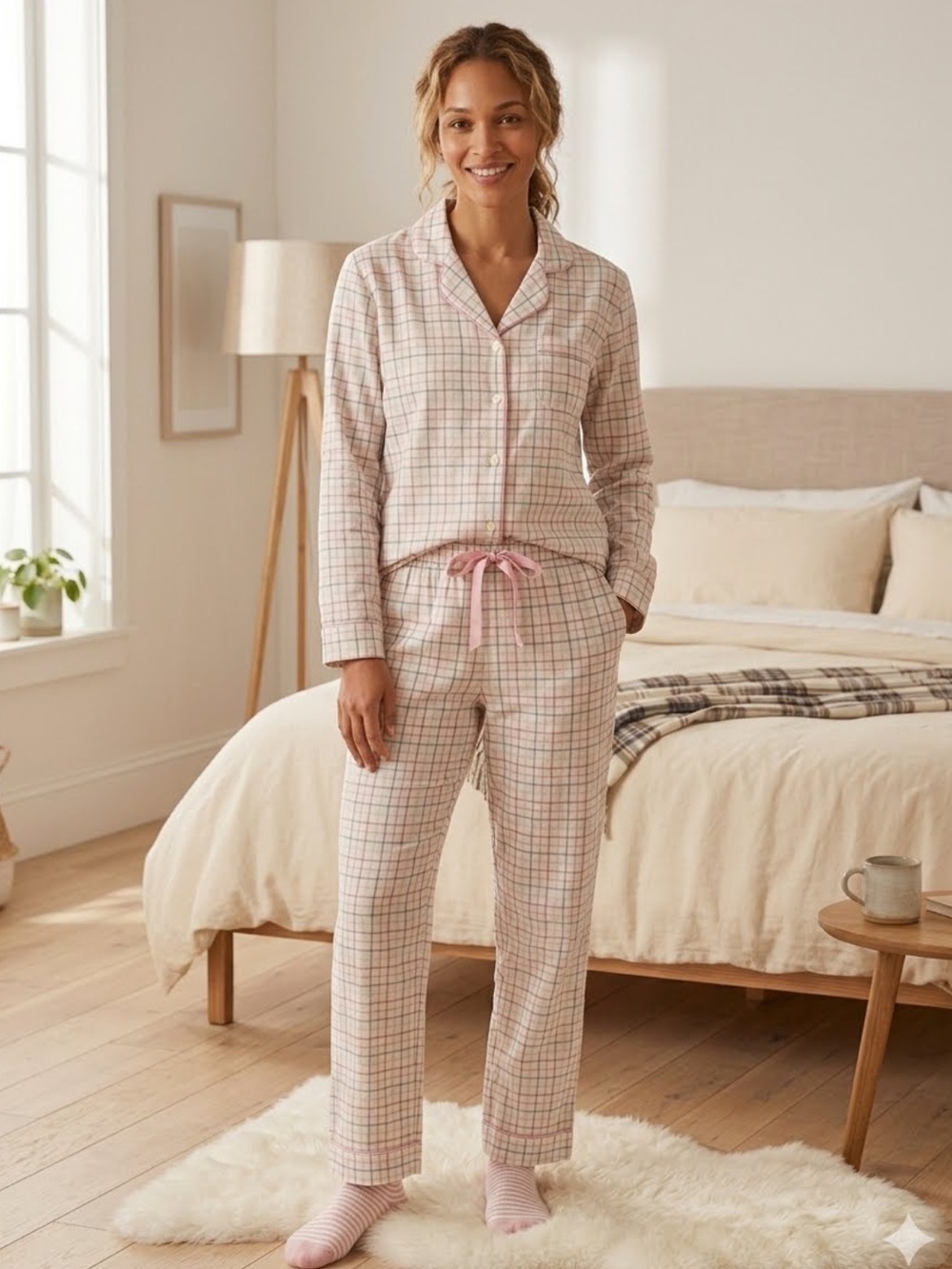 Gilligan & O'Malley Plaid Flannel Pajama Set Pink White Cute Cozy Sleepwear L